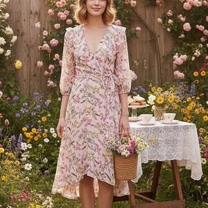 Tommy Hilfiger Pink Floral Faux Wrap Midi Dress Size 8 Romantic Ruffle Cottage